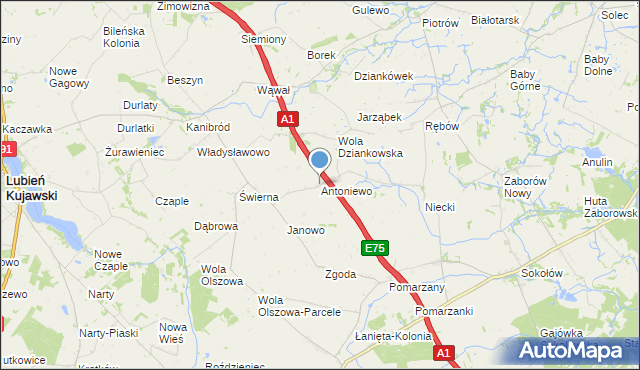 mapa Antoniewo, Antoniewo gmina Lubień Kujawski na mapie Targeo